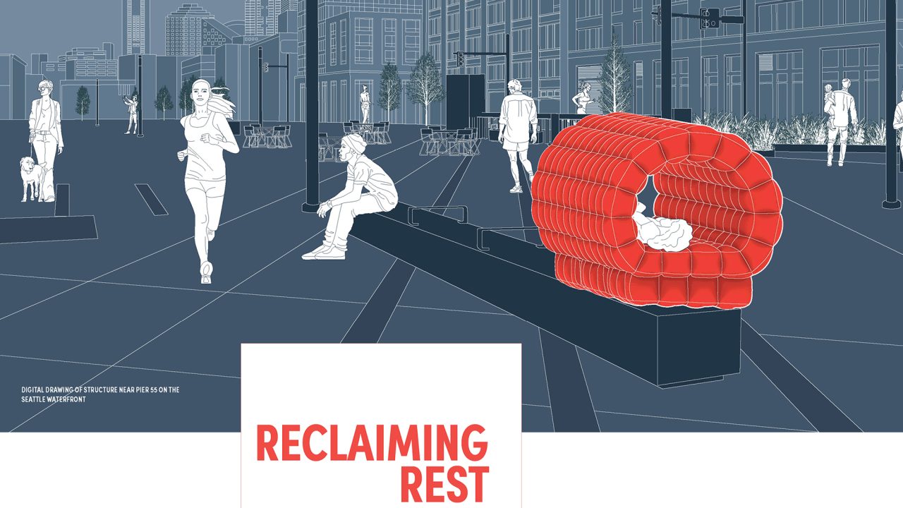 Auburn University Environmental Design student work Illustration of an urban street scene with people interacting around a large, red, inflatable bedding system; book cover titled Reclaiming Rest shown below.