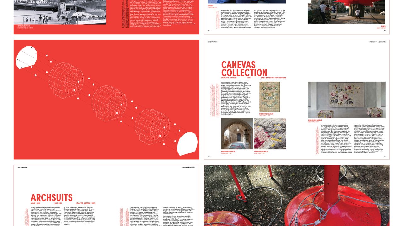 Auburn University Environmental Design student work A six-panel project board titled “Reclaiming Rest” displays red and white layouts with text, site analysis, concept descriptions, diagrams, and photos of inflatable bedding systems and related structures.