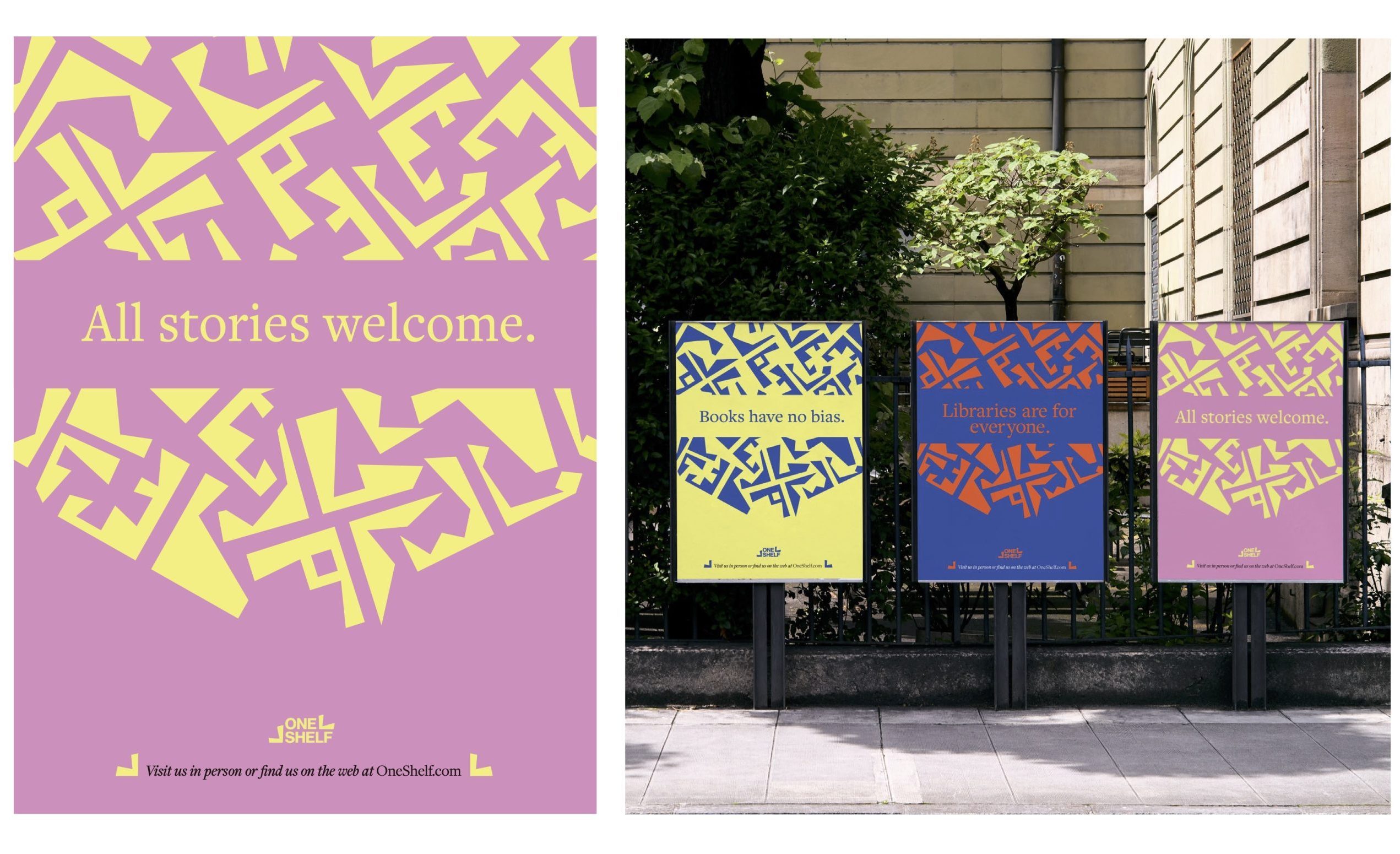 Three colorful posters on a sidewalk read: Books have no bias, Libraries are for everyone, and All stories welcome, featuring abstract heart designs.