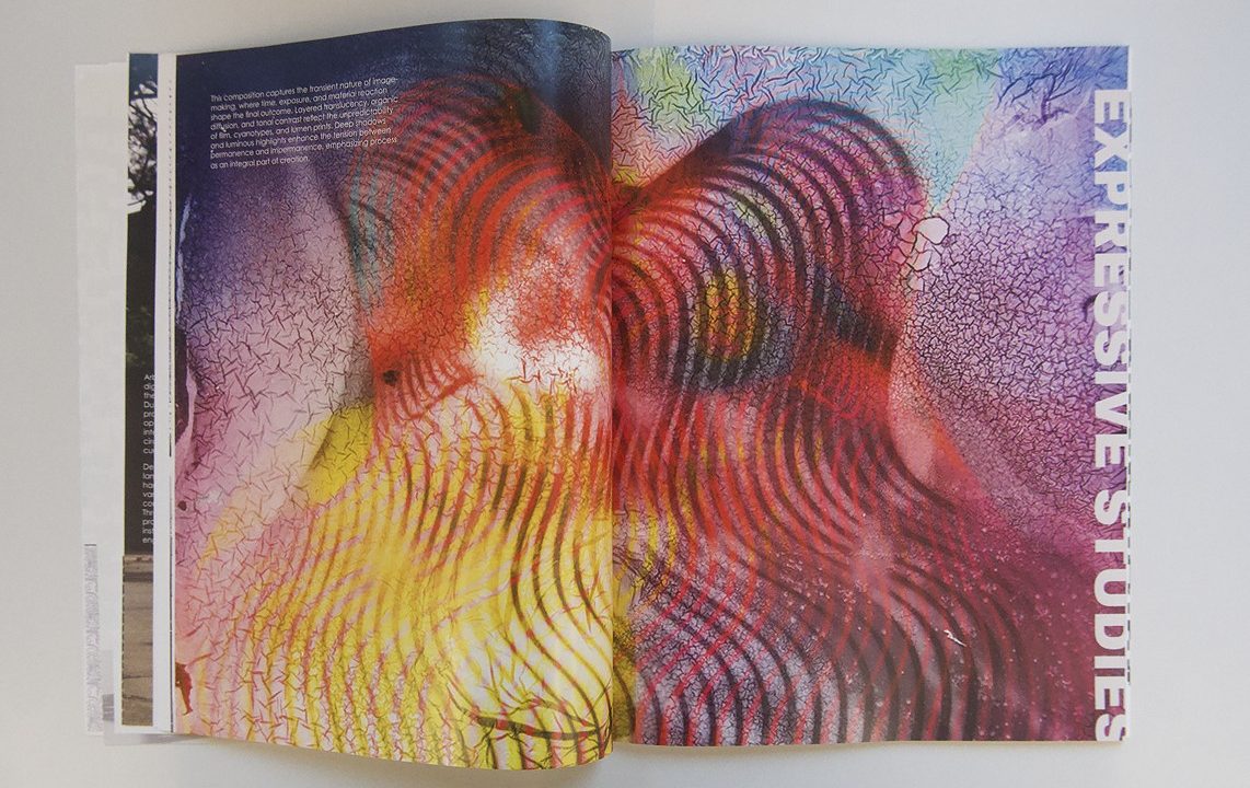 annie_neill_portfolio_10 An open magazine features a colorful abstract design with wavy lines and star shapes, alongside the title EXPRESSIVE STUDIES on the right page.