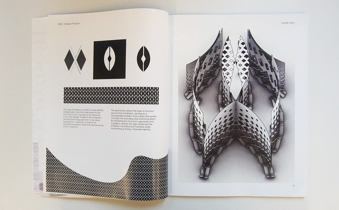 annie_neill_portfolio_7 Open book displaying abstract geometric shapes and patterns on the left page, and a symmetrical, lattice-like 3D structure on the right page.