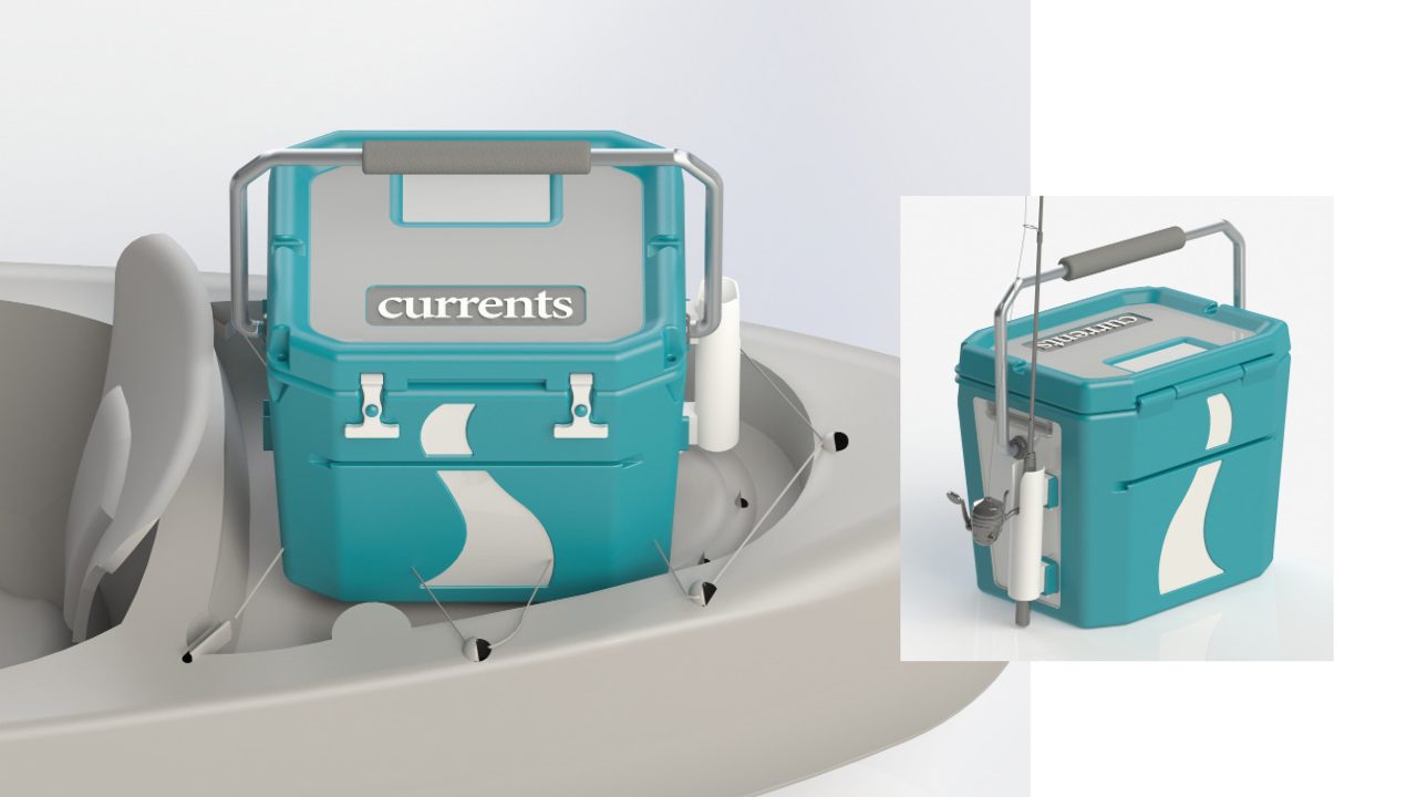 Auburn University Environmental Design student work A teal cooler labeled currents with a white wave design, attached to a kayak, shown from two angles; equipped with fishing rod holders and a handle.