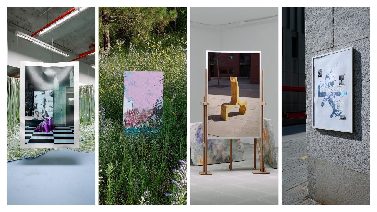Four large posters of abstract or artistic images are displayed in different environments: a modern interior, a grassy outdoor field, a gallery space, and an urban exterior wall.