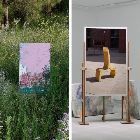 Four large posters of abstract or artistic images are displayed in different environments: a modern interior, a grassy outdoor field, a gallery space, and an urban exterior wall.
