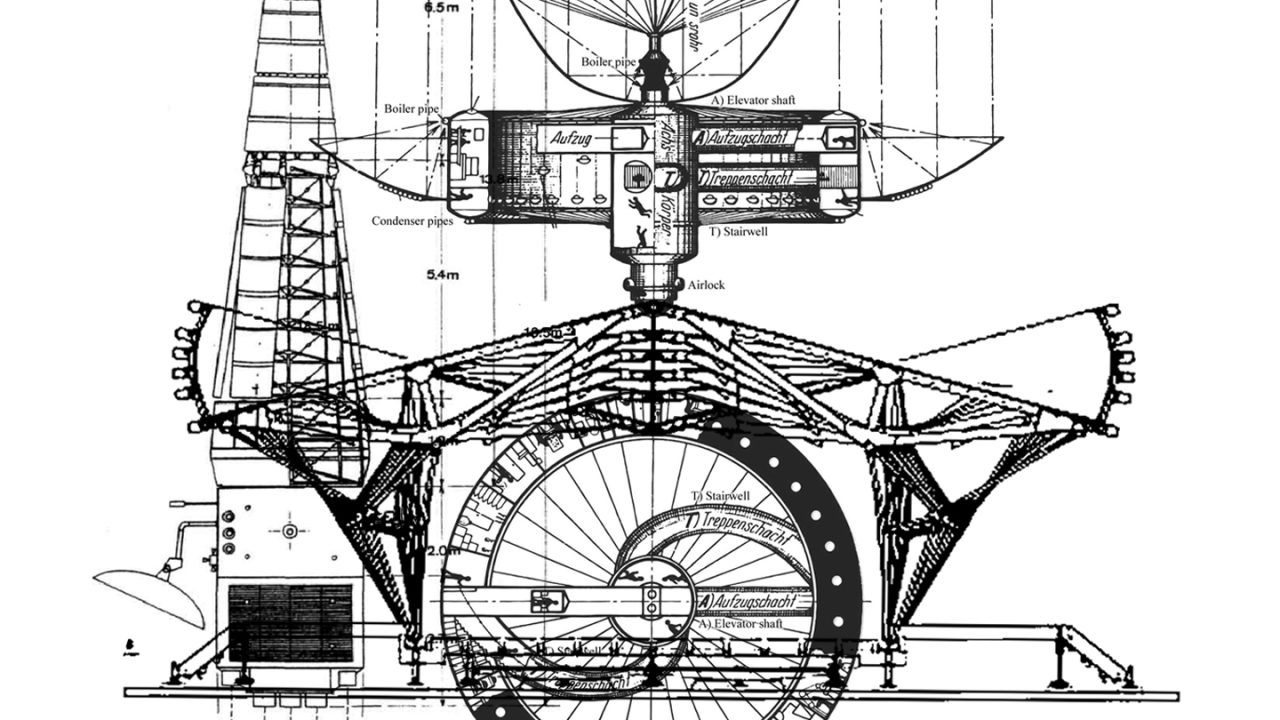 Auburn University Environmental Design student work Technical schematic of a large, complex structure featuring a tower, circular mechanism, antennas, labeled components, and measurement scales.