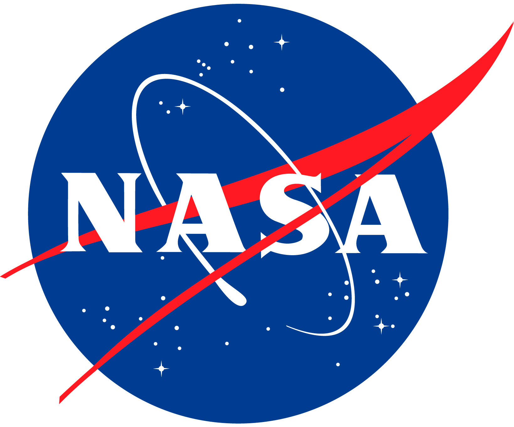 NASA logo featuring white block letters, a red swoosh, white orbital path, and white stars on a blue circular background.