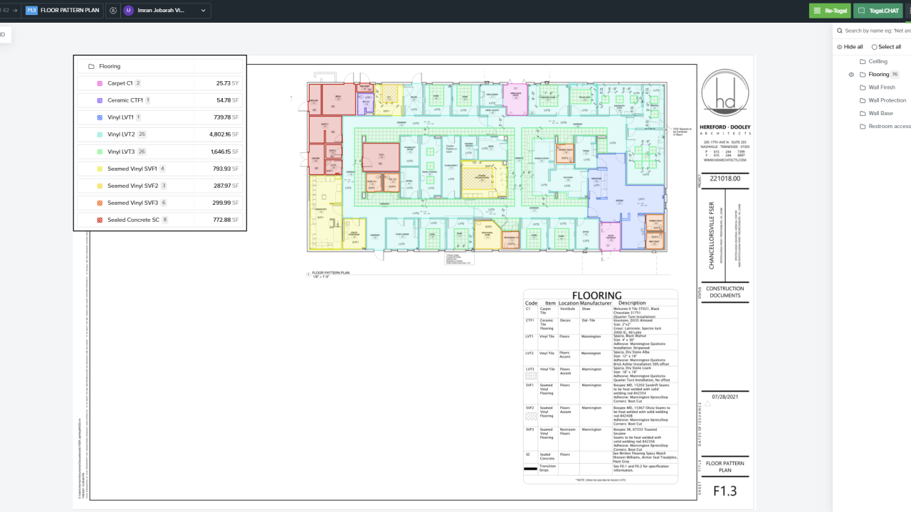 A digital floor plan showing color-coded rooms, a flooring key, legend, project details, and construction information on an architectural drawing platform.