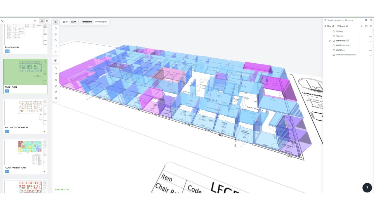A 3D digital model of a building floor plan is displayed on a computer screen, with rooms color-coded and a navigation sidebar visible on the left.