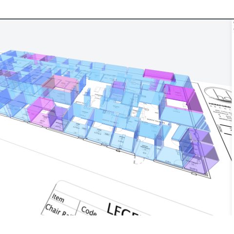 A 3D digital model of a building floor plan is displayed on a computer screen, with rooms color-coded and a navigation sidebar visible on the left.