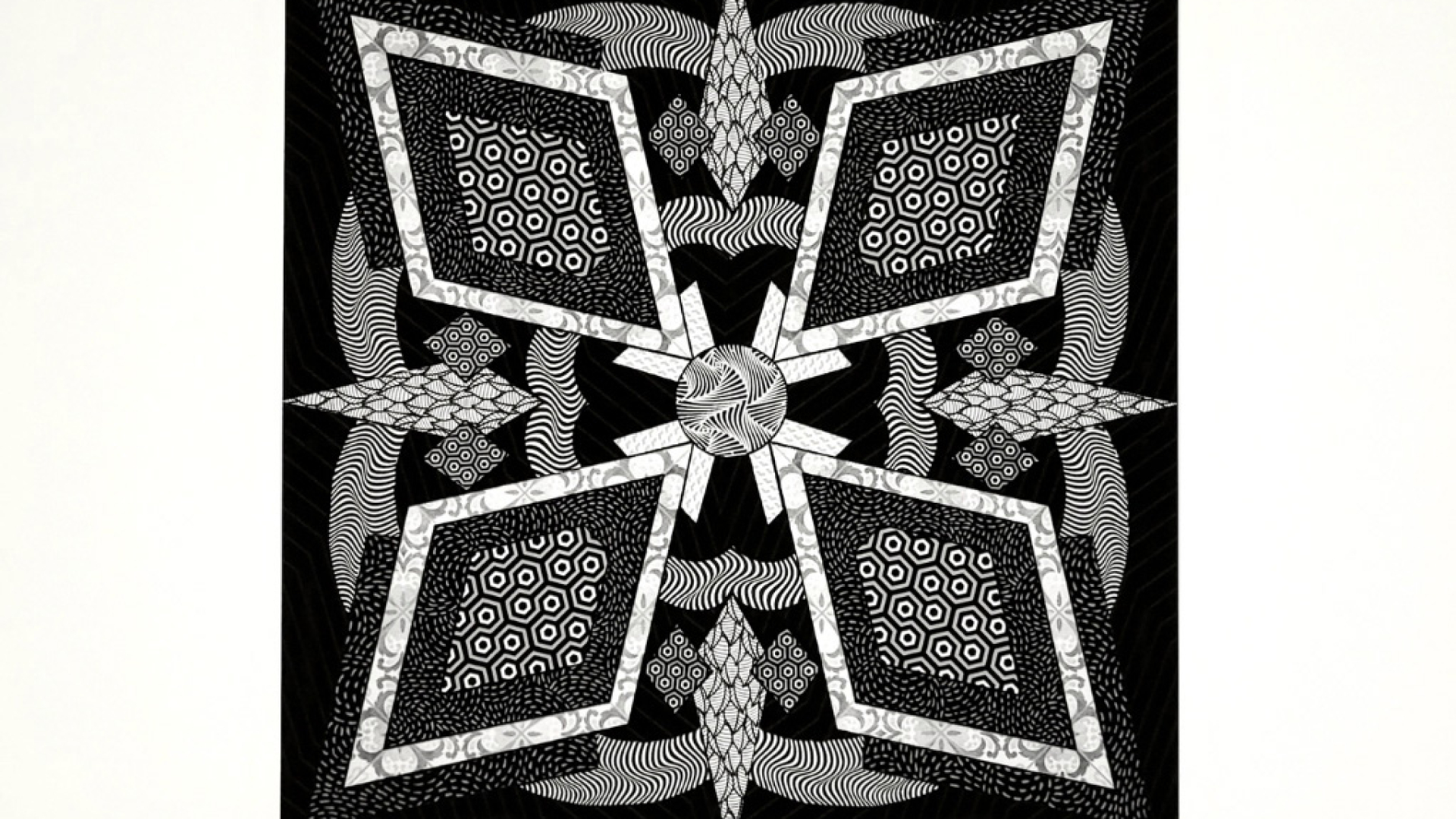Black and white geometric pattern with four diamond shapes radiating from the center, filled with intricate line and circular motifs on a square black background.