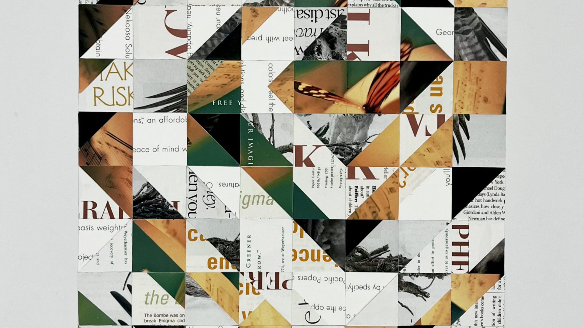 A geometric collage composed of cut-out magazine pieces arranged in a quilt-like pattern with text, hands, and shades of white, green, orange, and brown on a white background.