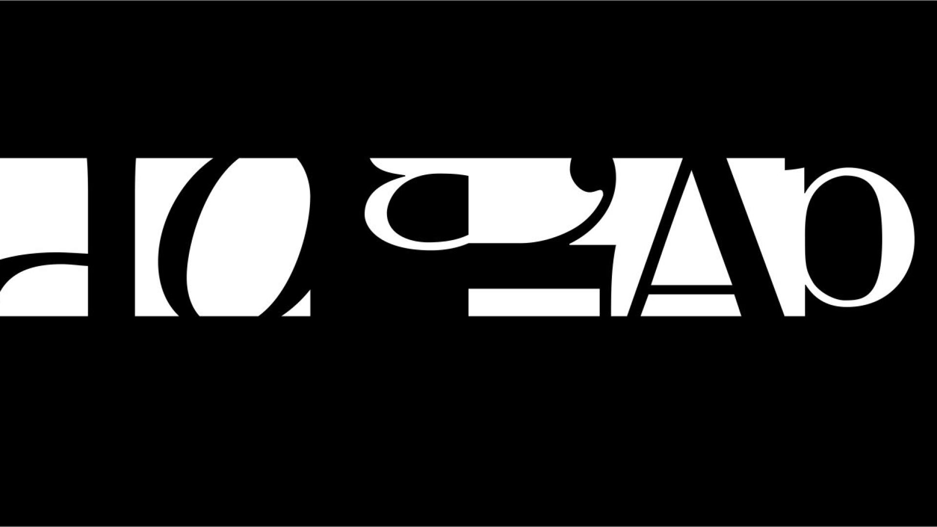 Abstract black and white graphic showing fragmented and stylized text with large, separated white letterforms on a black background.