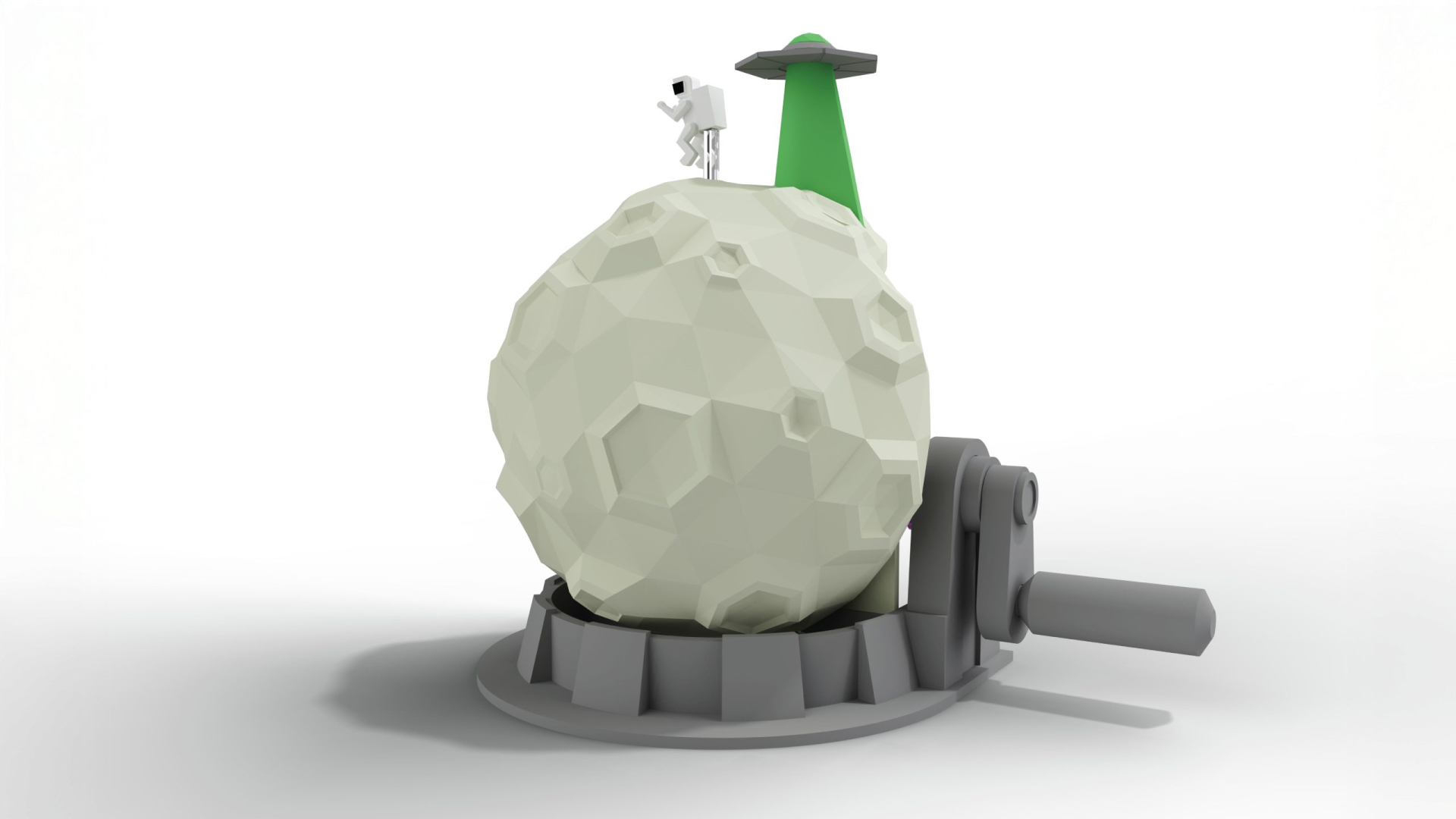 A polygonal model of an astronaut and UFO standing on a low-poly moon with craters, mounted on a gray mechanical base and crank against a white background.