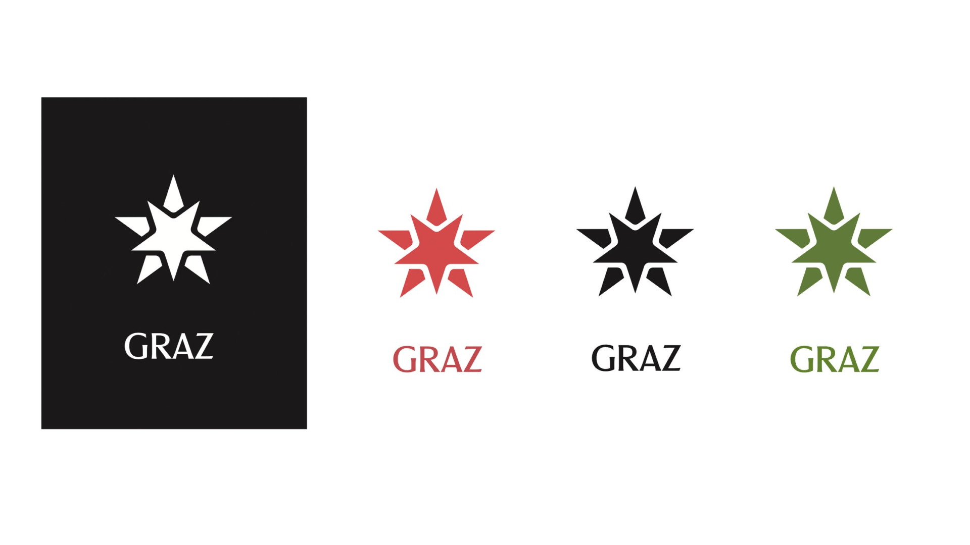 Four variations of a star-shaped logo with the word “GRAZ” appear in black, red, black outline, and green on a white and black background.