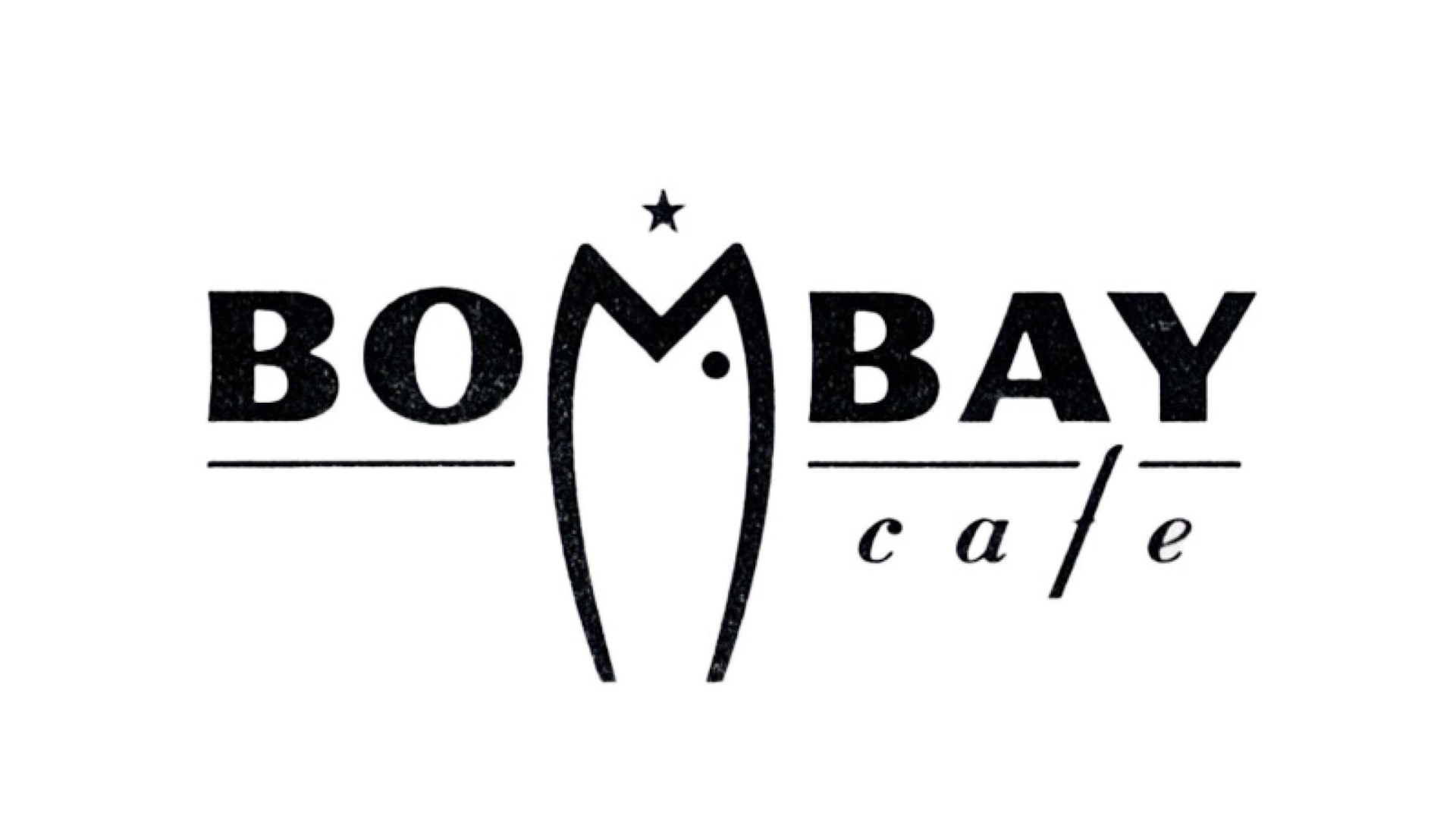 Logo for Bombay Cafe with stylized fish graphic forming the central M and small star above it, all in black text on a white background.