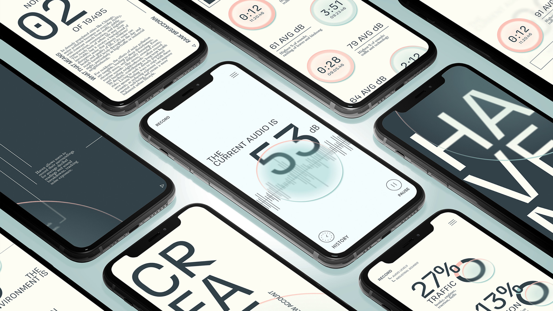 Several smartphones display different clean, minimalist user interfaces featuring data visualizations, text, and circular progress indicators related to noise and traffic statistics.
