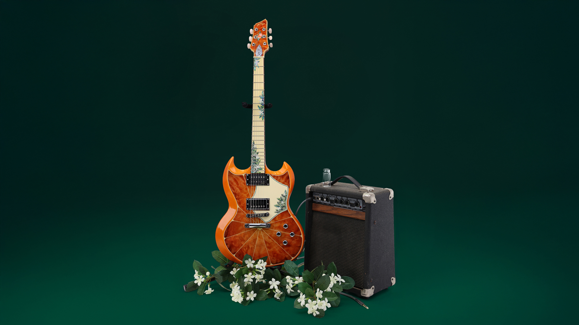 A brown electric guitar stands upright next to a black amplifier, surrounded by green foliage and white flowers, against a dark green background.