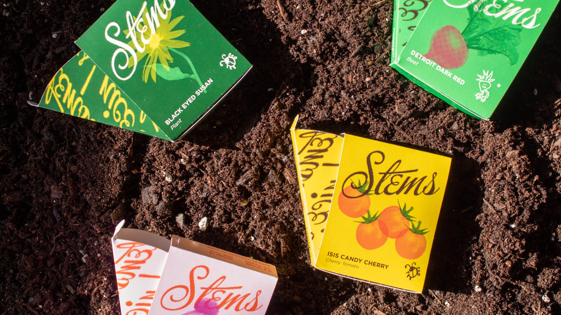 Four colorful seed packets labeled Stems rest on dark soil, each packet featuring different flower or tomato illustrations and names.