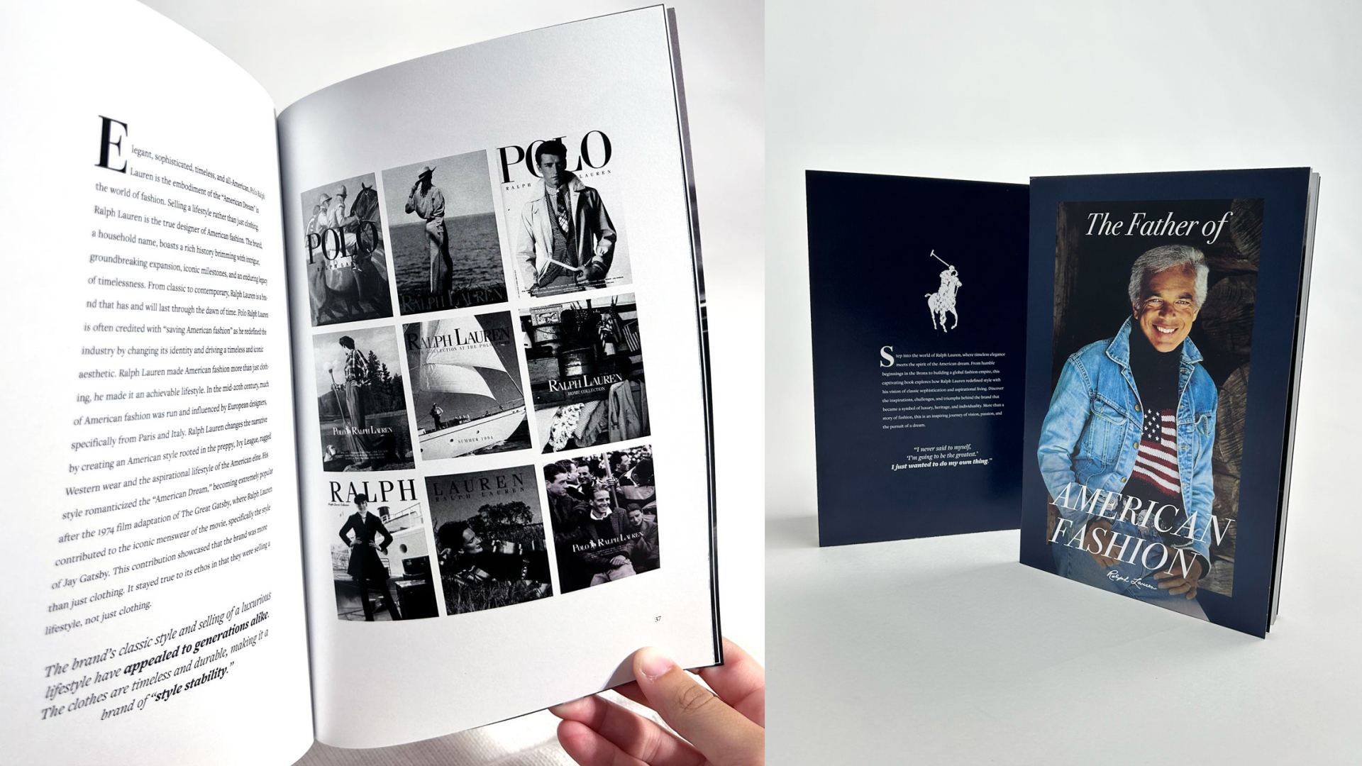 An open book displays a grid of Ralph Lauren brand images and text, while next to it stands a closed book titled The Father of American Fashion with a man on the cover.