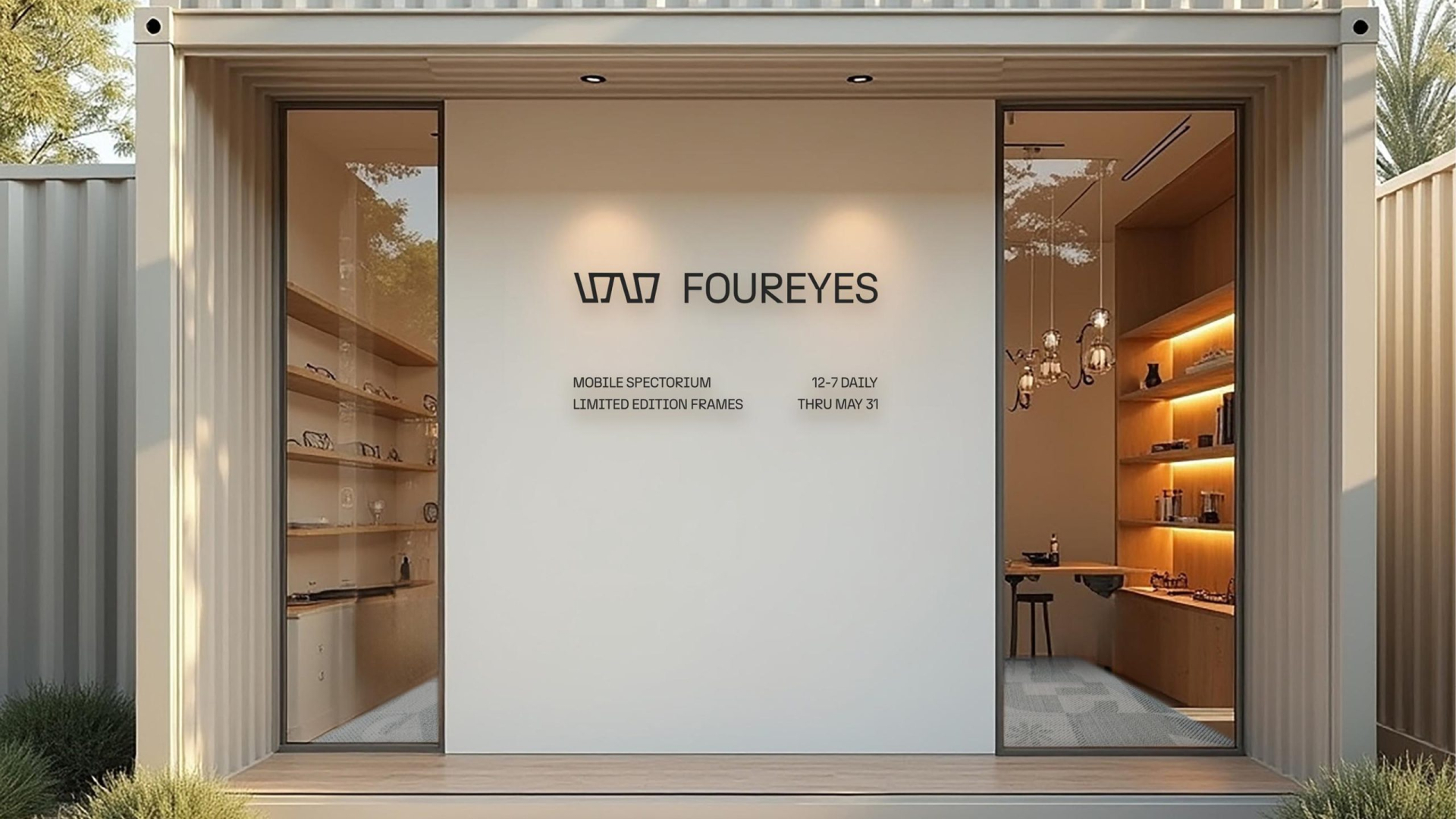 Modern eyewear shop in a converted shipping container with glass doors, minimal white interior, display shelves, and the name FOUREYES on the wall.