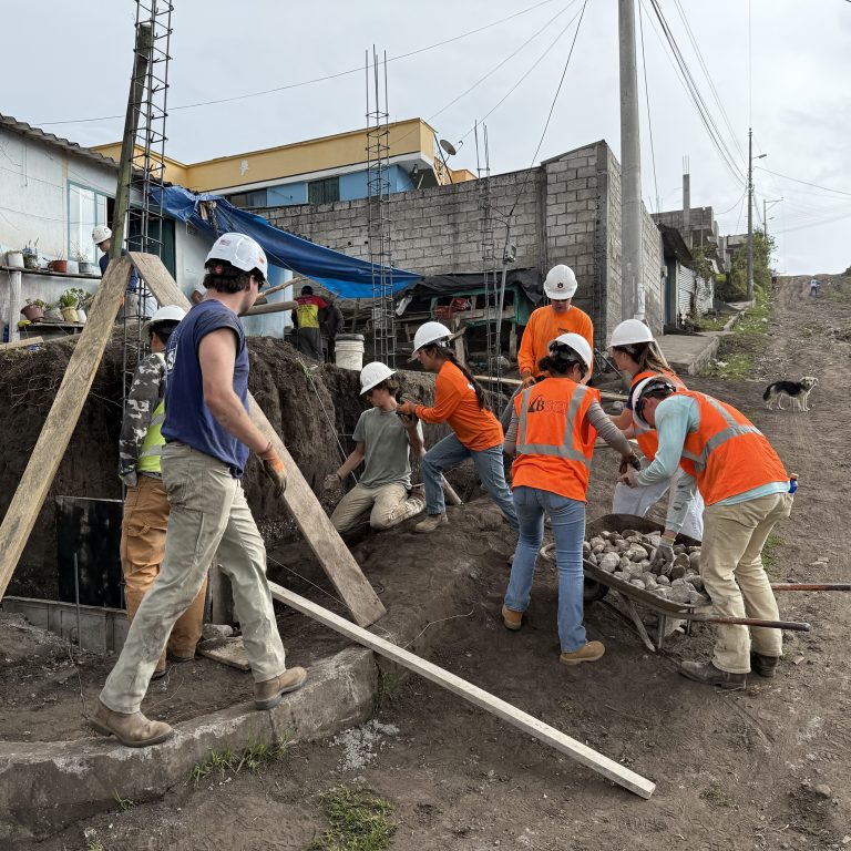 A group of construction workers in safety gear move rocks and work with tools on a sloped, dirt-filled construction site near residential buildings.