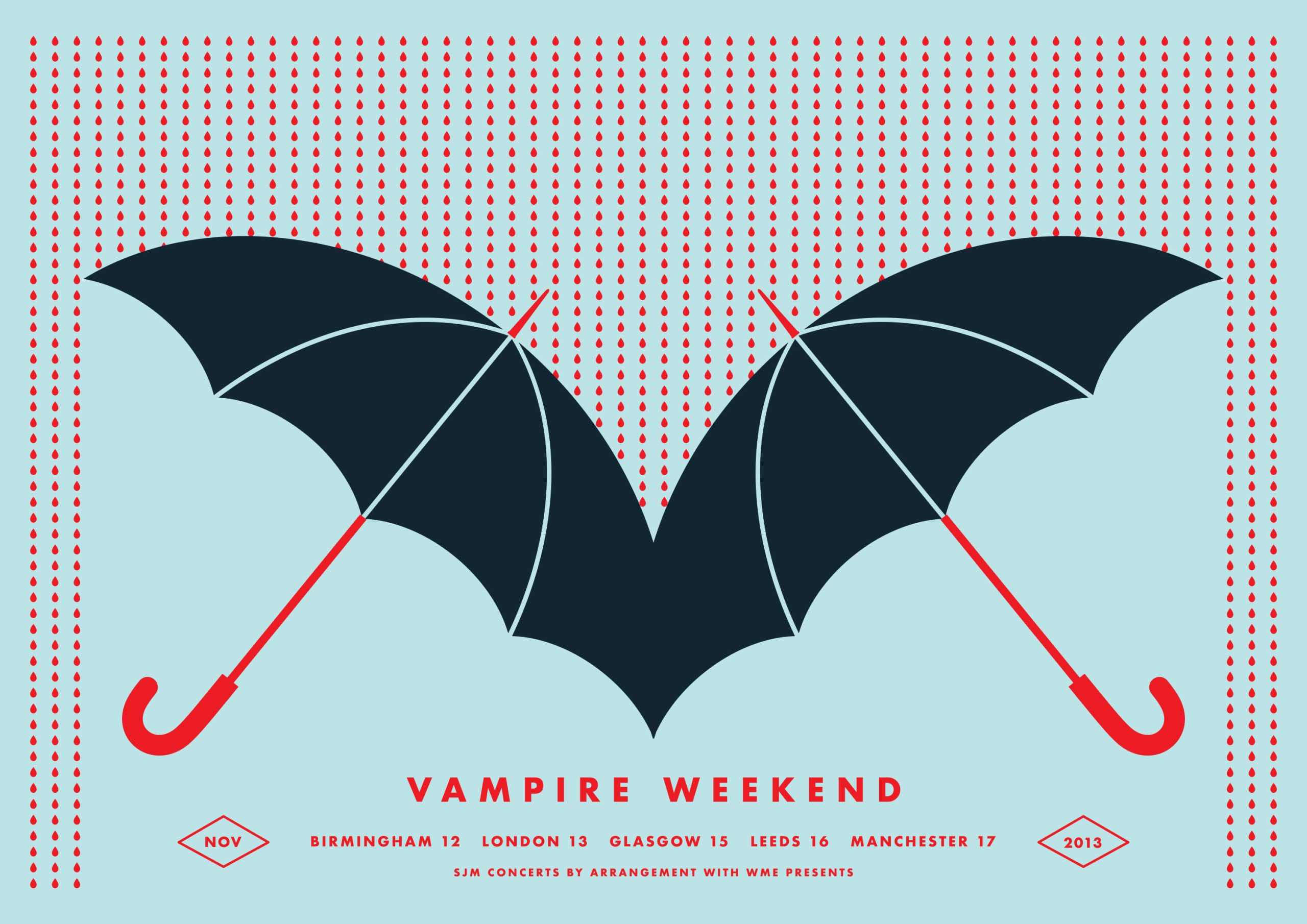 Two black umbrellas with red handles are positioned to resemble bat wings against a blue background with red dots. Text below advertises Vampire Weekend concerts in UK cities in 2013.