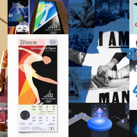 A collage displaying branded ice cream cartons, Olympic tickets, sports and historical posters, digital graphics, and a museum exhibit.
