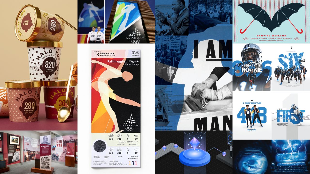 A collage displaying branded ice cream cartons, Olympic tickets, sports and historical posters, digital graphics, and a museum exhibit.
