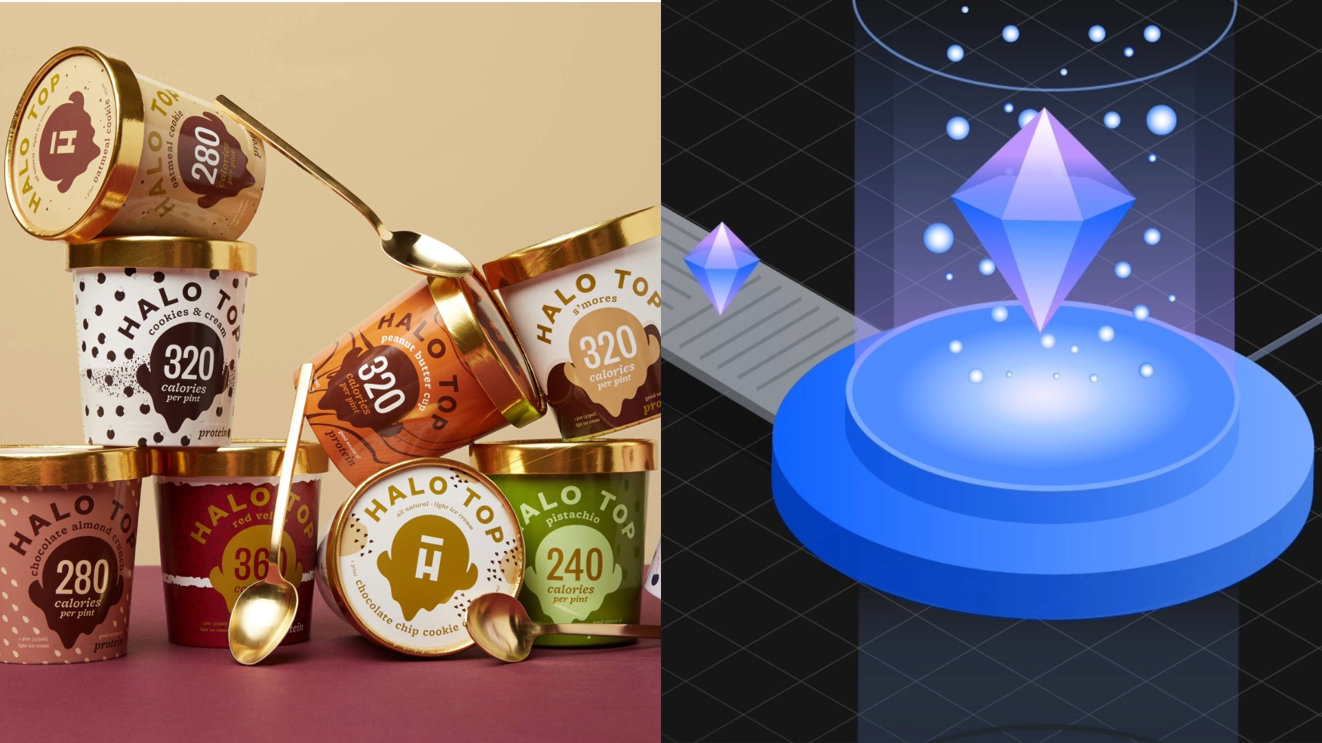 Several pints of Halo Top ice cream are stacked with spoons on the left; a digital illustration of a glowing crystal platform is on the right.