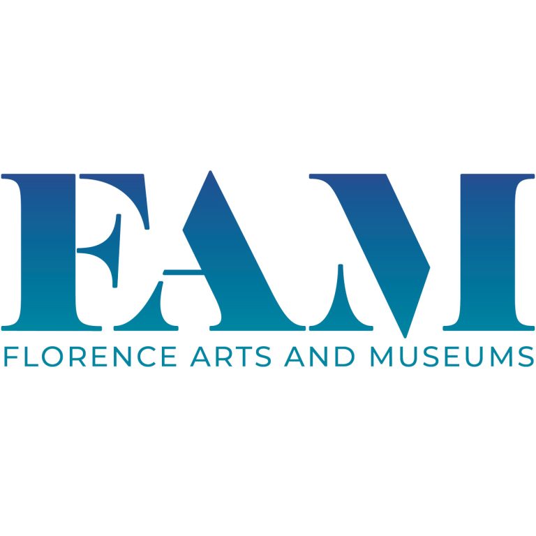 Logo with large blue gradient letters FAM above the text Florence Arts and Museums in all caps.