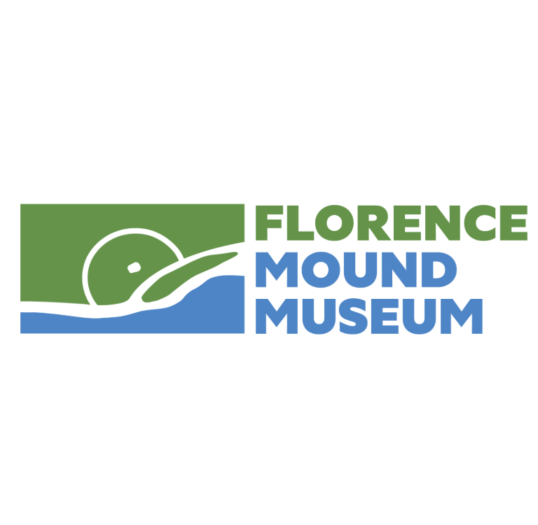 Logo for Florence Mound Museum featuring a green mound and a circular shape above a blue wavy line, with the museum name in green and blue text to the right.