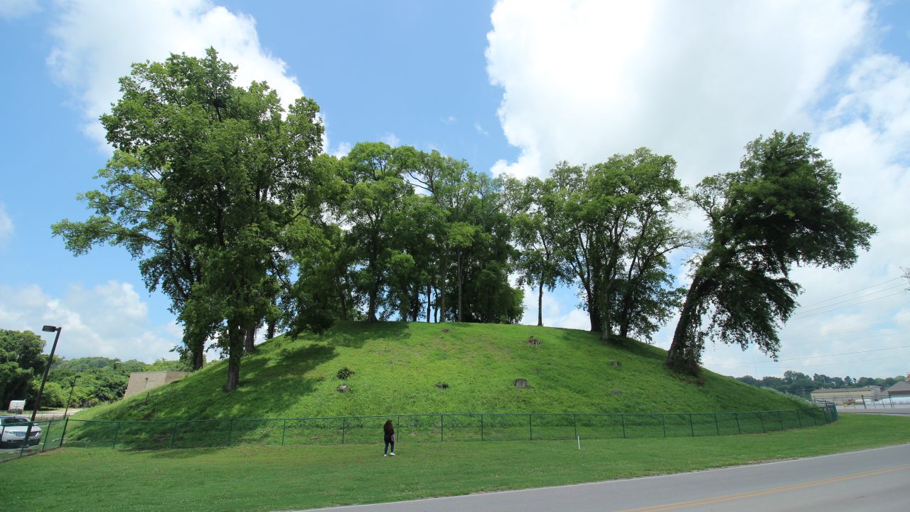 A grassy, tree-covered mound is enclosed by a fence, with a person standing in front and a road running alongside under a partly cloudy sky.