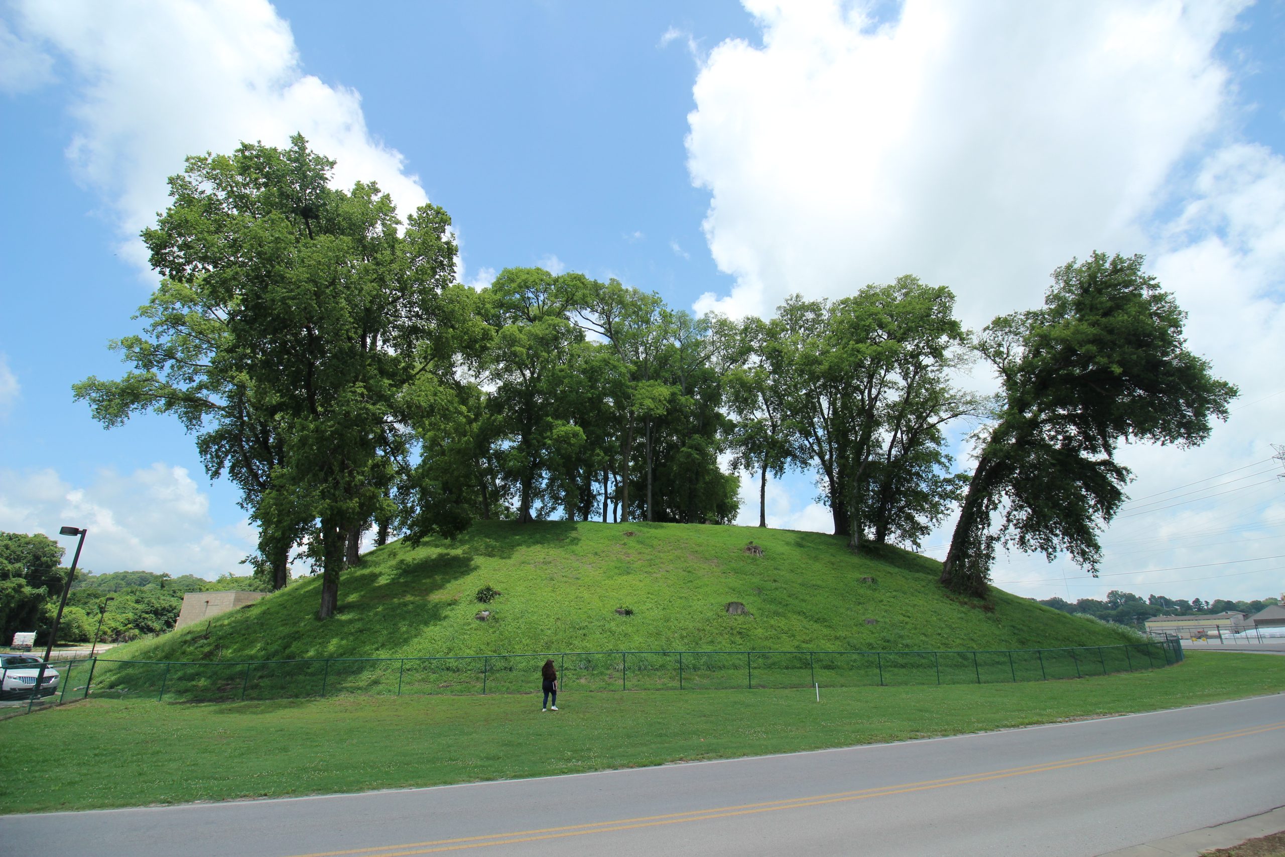 A grassy, tree-covered mound is enclosed by a fence, with a person standing in front and a road running alongside under a partly cloudy sky.