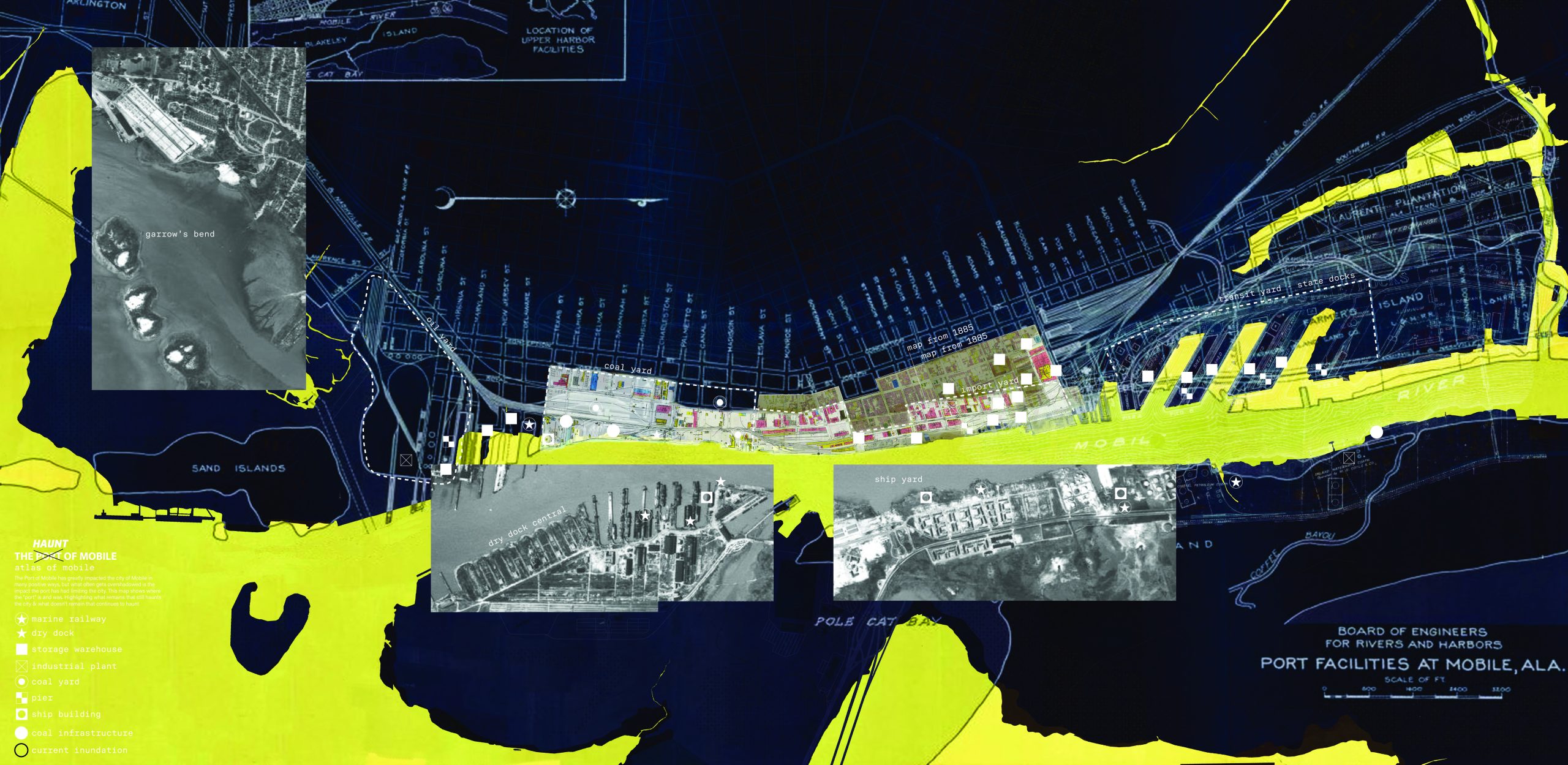 A map of Mobile, Alabama port facilities with highlighted sections, overlaid with three black and white aerial photographs of different port areas.