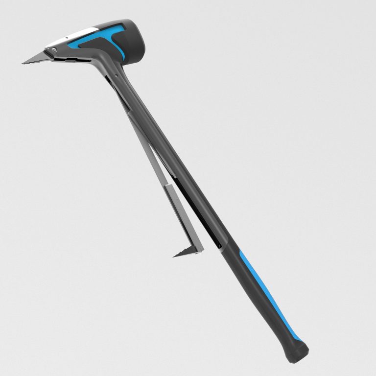 A modern black and blue axe with a sleek, angular design and a pointed end opposite the blade, shown against a plain white background.