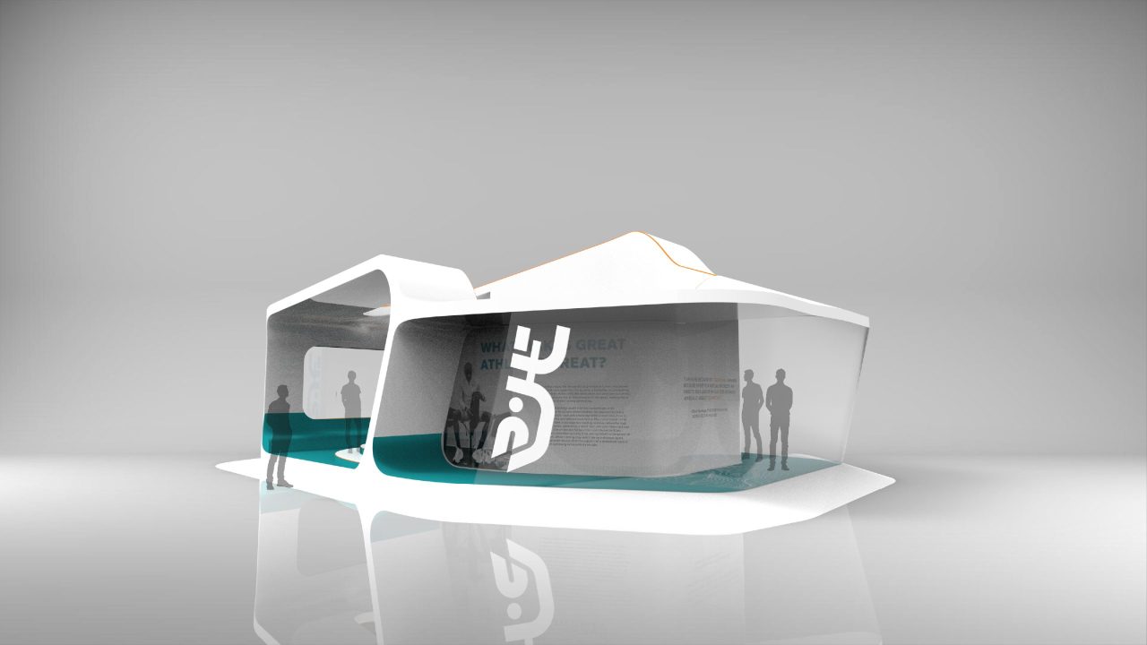 Futuristic white exhibition booth with curved glass walls, teal floor accents, and silhouettes of people inside and nearby.