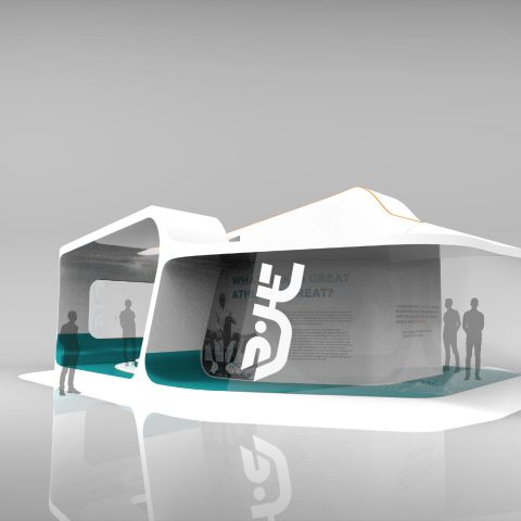 Futuristic white exhibition booth with curved glass walls, teal floor accents, and silhouettes of people inside and nearby.