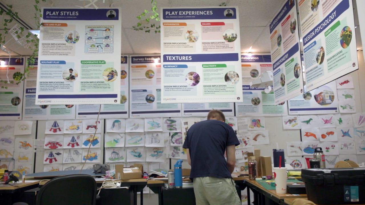 A person stands at a cluttered desk in an office filled with posters about play experiences and design, with drawings and charts covering the walls.