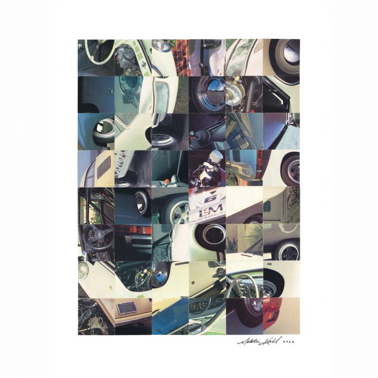 A collage of square photos showing various close-up angles and details of a white sports car, including its interior, exterior, wheels, and dashboard.