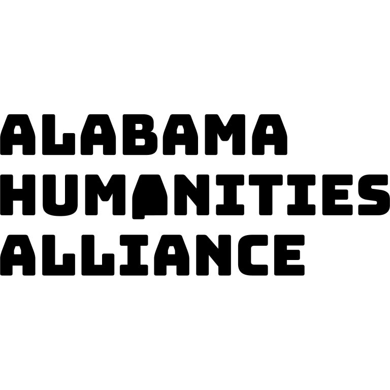 The image displays the text Alabama Humanities Alliance in bold, black, uppercase letters. The letter A in HUMANITIES is stylized to resemble the shape of Alabama.