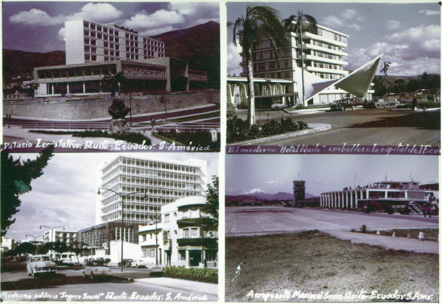 A collage of four vintage black-and-white photos of notable buildings and an airport in Quito, Ecuador, including a hotel and government offices.