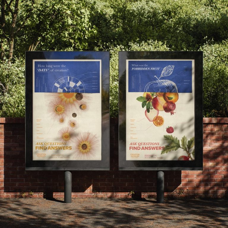Two posters on outdoor display stands; the left features daisies and a dartboard, the right shows illustrated fruit and a feather. Both have text promoting curiosity and inquiry.