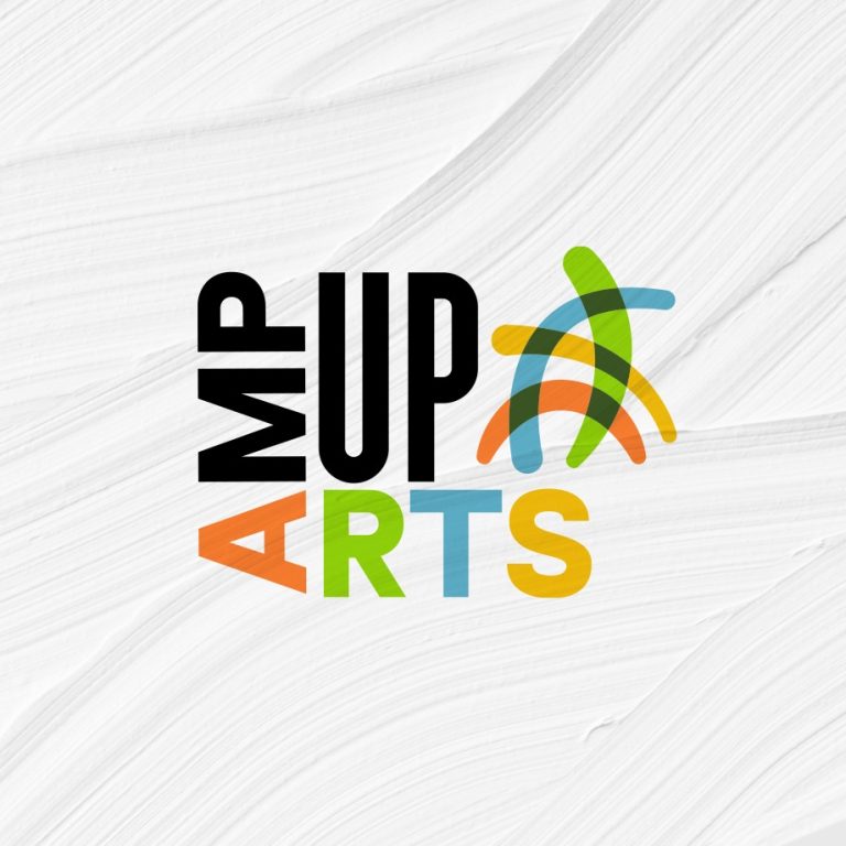 AMP UP ARTS text logo with colorful abstract shapes on a white textured background.