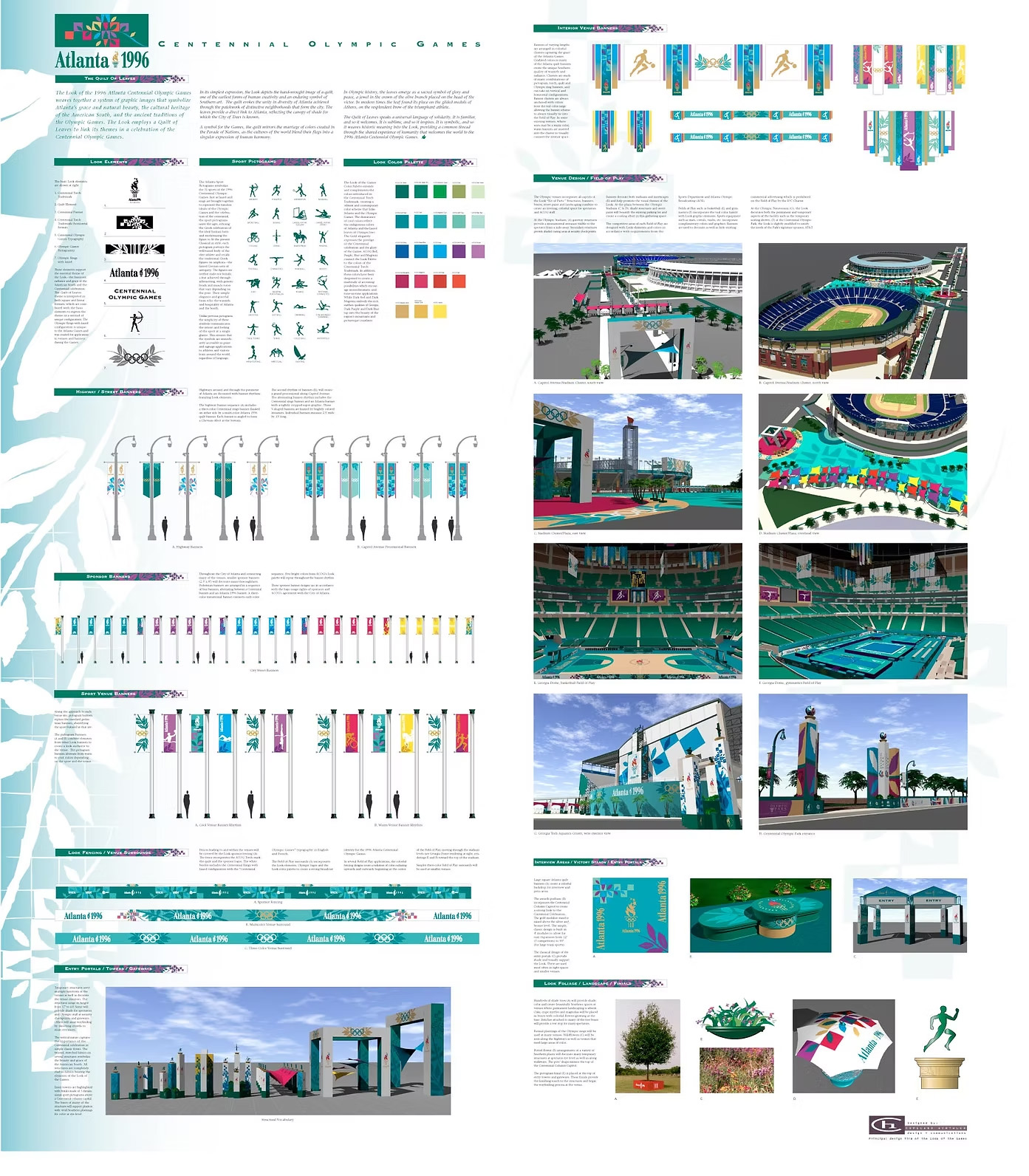Design board showcasing visual identity, signage, and architectural elements for the 1996 Atlanta Centennial Olympic Games, including diagrams, color palettes, renderings, and site layouts.