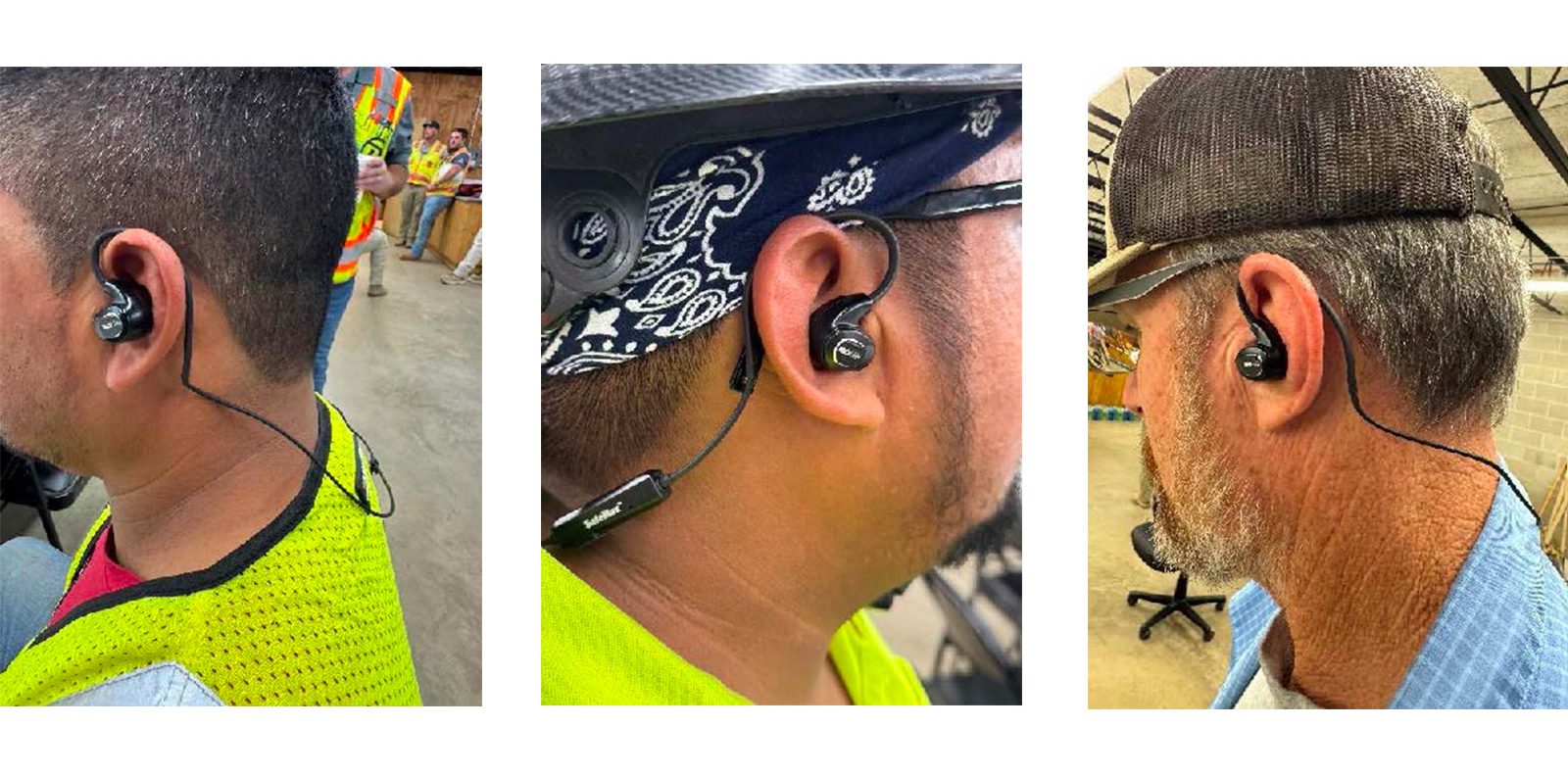 Three men wearing safety vests and hats each have an earpiece with a microphone connected to a wire, worn during work in an industrial or construction setting.