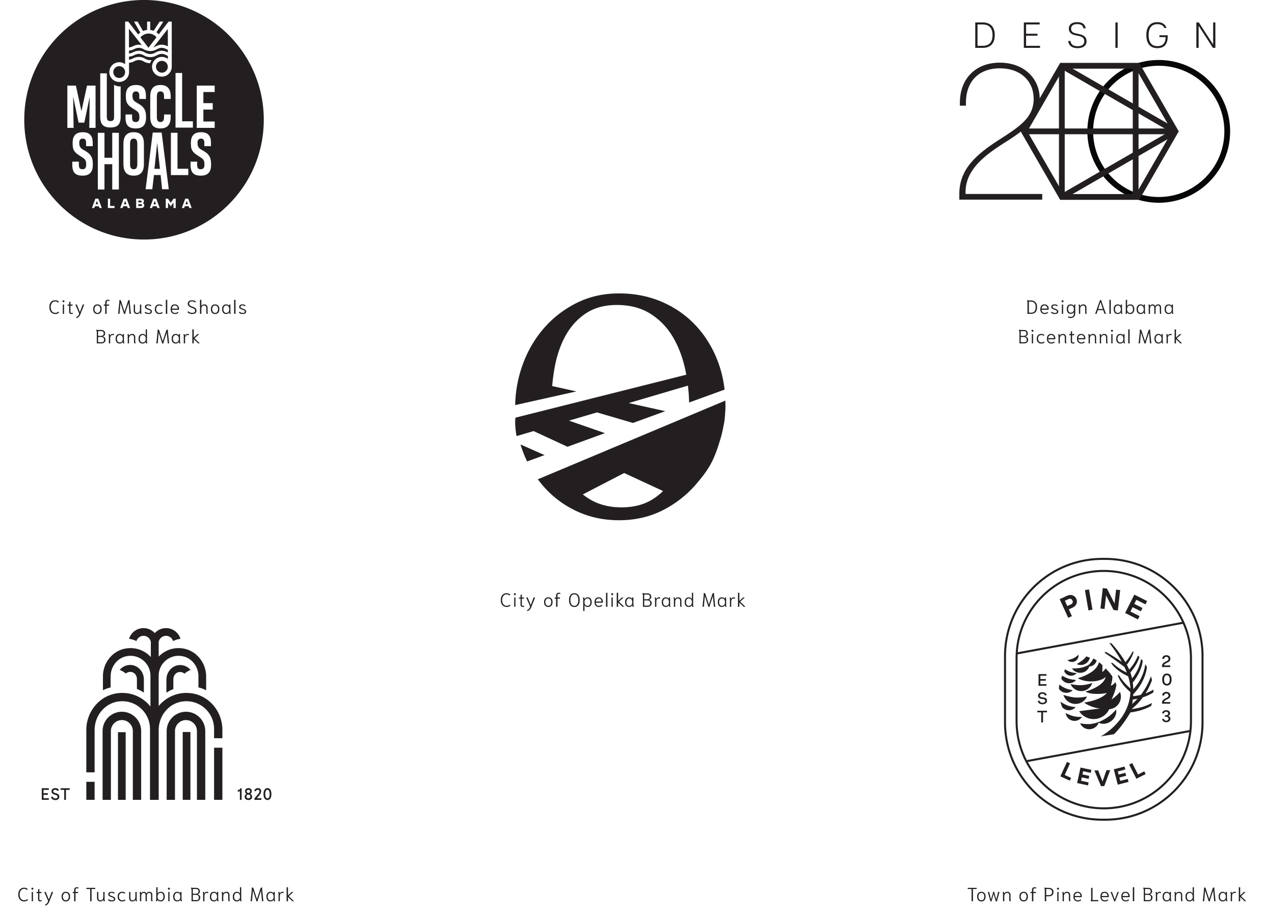 Five black and white city brand marks: Muscle Shoals, Tuscumbia, Opelika, Design Alabama Bicentennial, and Pine Level, displayed in a circular layout on a white background.