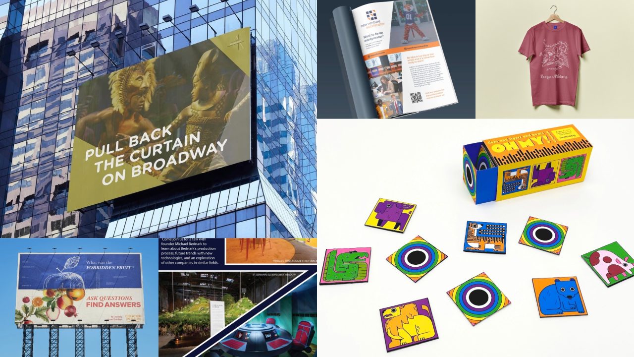 A collage shows a Broadway billboard, a brochure, a t-shirt on a hanger, a billboard in a park, a colorful game box, and illustrated tiles with animal images.