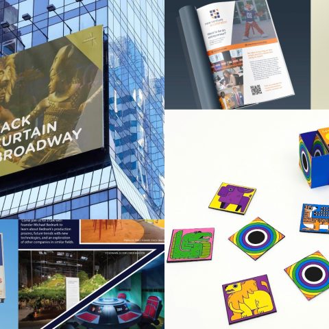 A collage shows a Broadway billboard, a brochure, a t-shirt on a hanger, a billboard in a park, a colorful game box, and illustrated tiles with animal images.