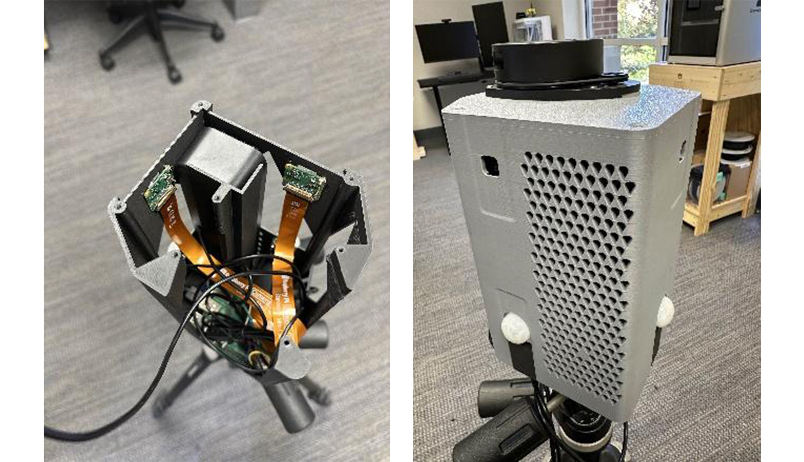 Two views of a gray, 3D-printed electronic device with visible circuit boards and cables, mounted on a tripod in an indoor setting.