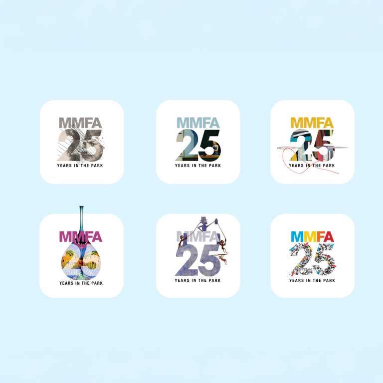 Six square graphic logos display MMFA 25 Years in the Park, each featuring a unique design and artistic interpretation of the number 25.